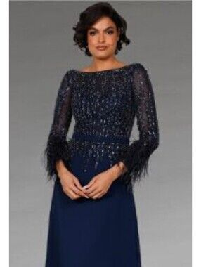 Camille La Vie Gown Beaded Feather Nvy Blue Prom Dress Mother Of Bride 10 $599